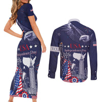 Personalised United States Independence Day Couples Matching Short Sleeve Bodycon Dress and Long Sleeve Button Shirt Freedom 4th Of July Navy Version LT05 - Wonder Print Shop