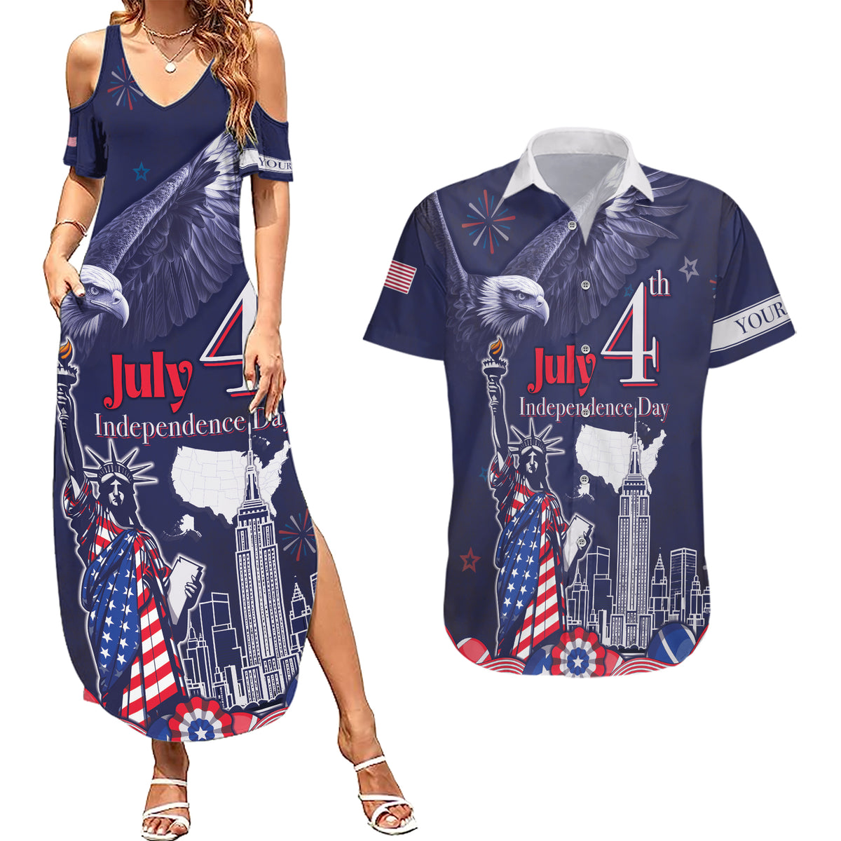 Personalised United States Independence Day Couples Matching Summer Maxi Dress and Hawaiian Shirt Freedom 4th Of July Navy Version LT05 - Wonder Print Shop