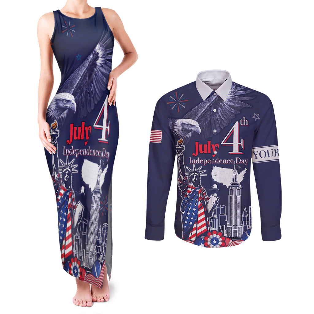 Personalised United States Independence Day Couples Matching Tank Maxi Dress and Long Sleeve Button Shirt Freedom 4th Of July Navy Version LT05 - Wonder Print Shop