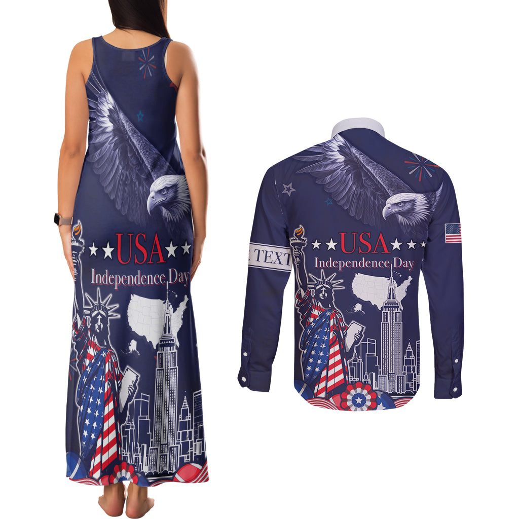 Personalised United States Independence Day Couples Matching Tank Maxi Dress and Long Sleeve Button Shirt Freedom 4th Of July Navy Version LT05 - Wonder Print Shop