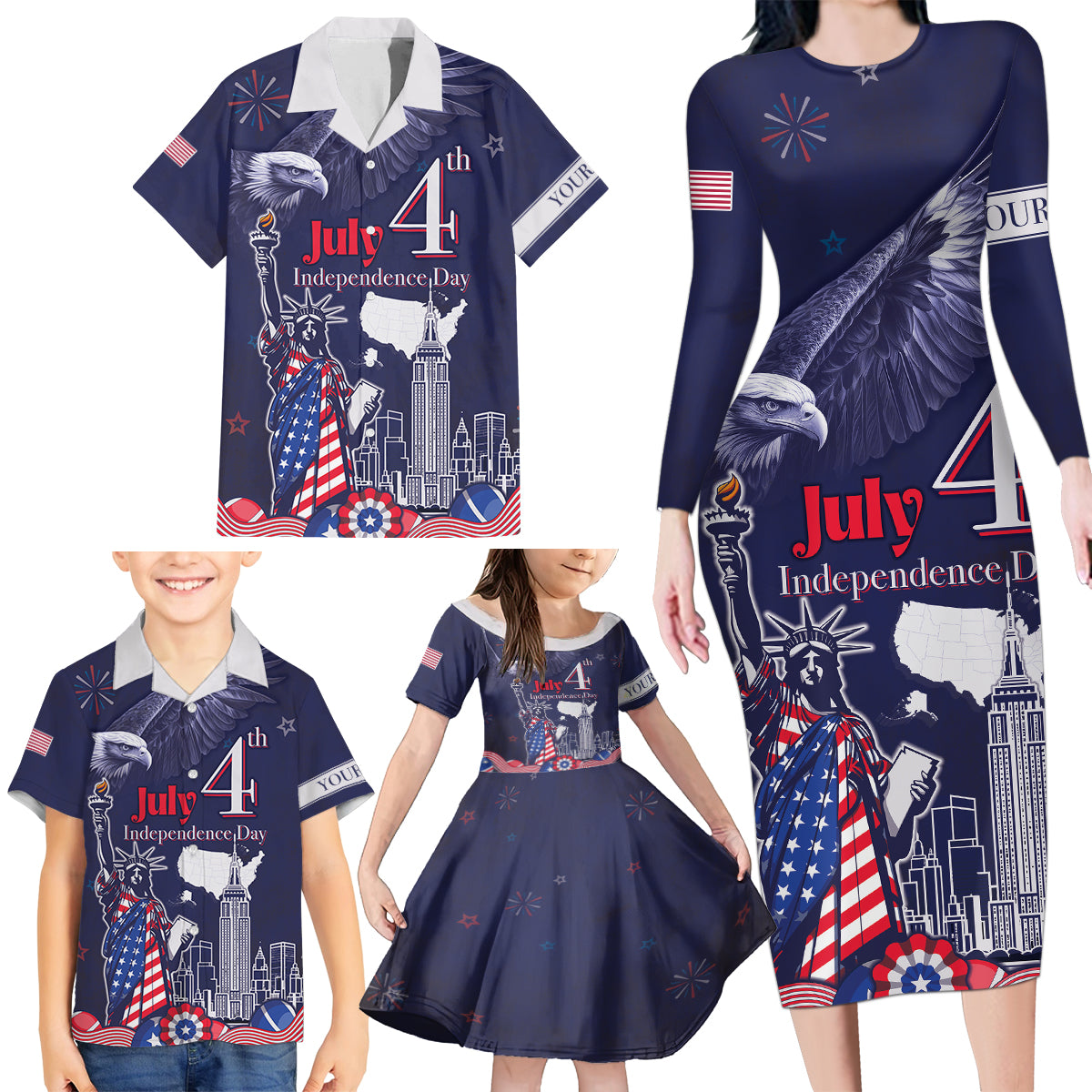 Personalised United States Independence Day Family Matching Long Sleeve Bodycon Dress and Hawaiian Shirt Freedom 4th Of July Navy Version LT05 - Wonder Print Shop