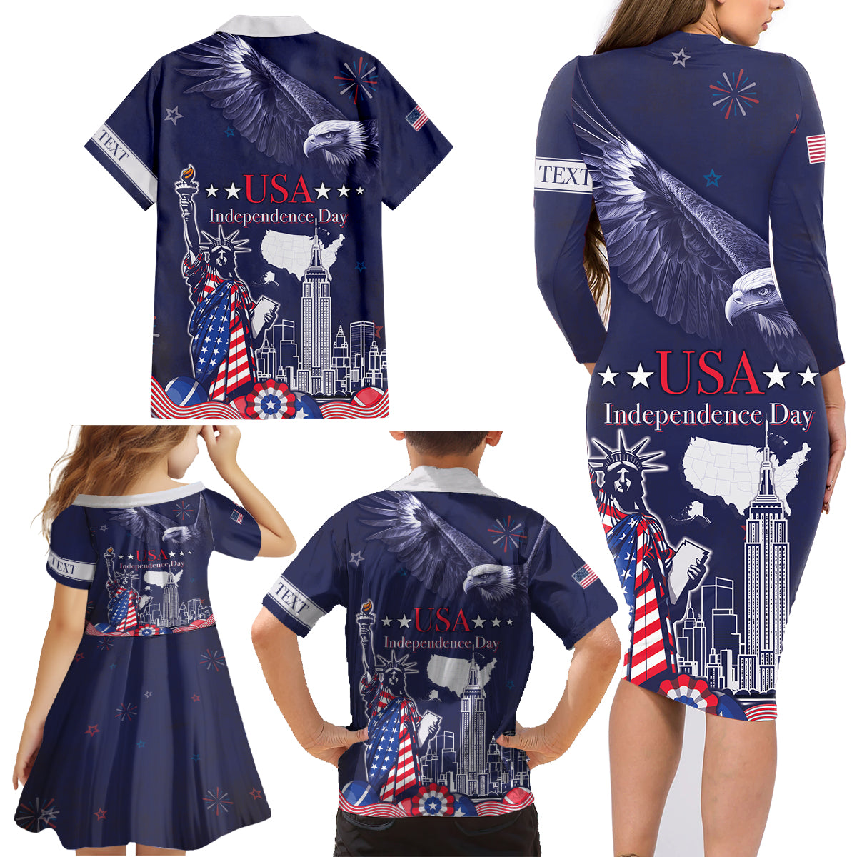 Personalised United States Independence Day Family Matching Long Sleeve Bodycon Dress and Hawaiian Shirt Freedom 4th Of July Navy Version LT05 - Wonder Print Shop