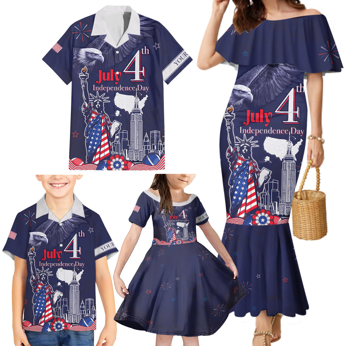 Personalised United States Independence Day Family Matching Mermaid Dress and Hawaiian Shirt Freedom 4th Of July Navy Version LT05 - Wonder Print Shop