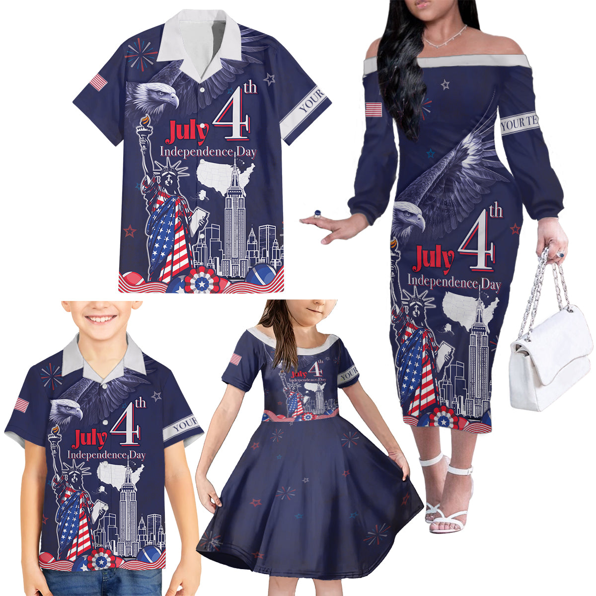 Personalised United States Independence Day Family Matching Off The Shoulder Long Sleeve Dress and Hawaiian Shirt Freedom 4th Of July Navy Version LT05 - Wonder Print Shop