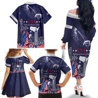 Personalised United States Independence Day Family Matching Off The Shoulder Long Sleeve Dress and Hawaiian Shirt Freedom 4th Of July Navy Version LT05 - Wonder Print Shop