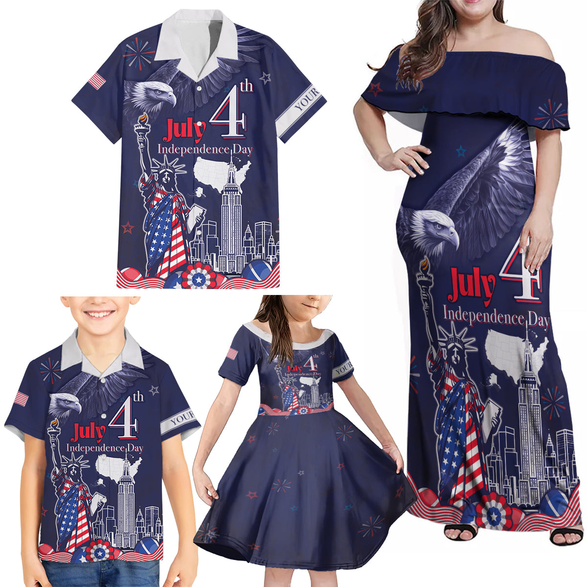 Personalised United States Independence Day Family Matching Off Shoulder Maxi Dress and Hawaiian Shirt Freedom 4th Of July Navy Version LT05 - Wonder Print Shop