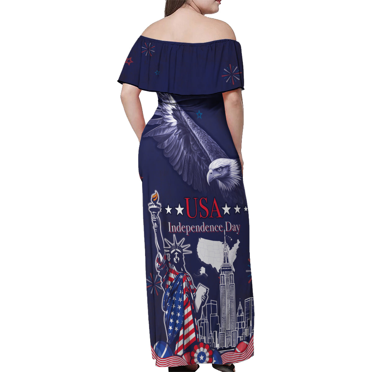 Personalised United States Independence Day Family Matching Off Shoulder Maxi Dress and Hawaiian Shirt Freedom 4th Of July Navy Version LT05 - Wonder Print Shop