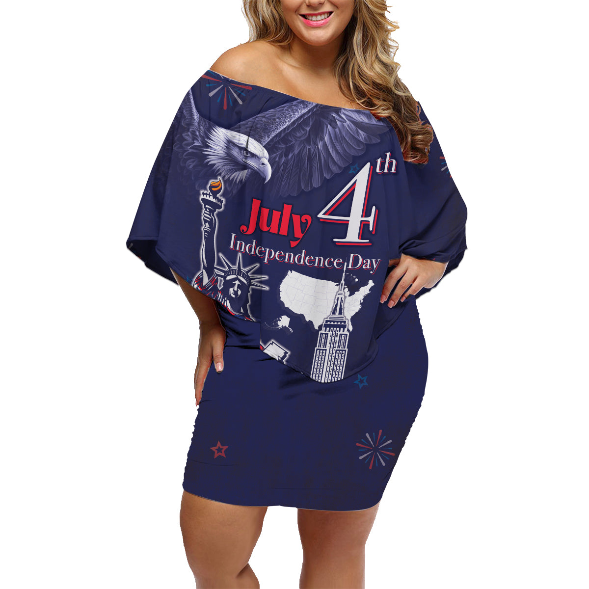 Personalised United States Independence Day Family Matching Off Shoulder Short Dress and Hawaiian Shirt Freedom 4th Of July Navy Version LT05 - Wonder Print Shop