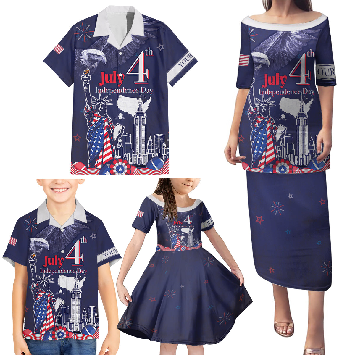 Personalised United States Independence Day Family Matching Puletasi and Hawaiian Shirt Freedom 4th Of July Navy Version LT05 - Wonder Print Shop