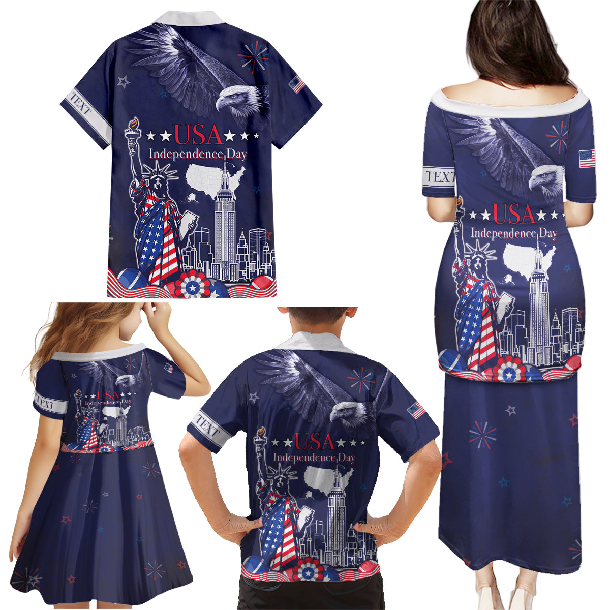 Personalised United States Independence Day Family Matching Puletasi and Hawaiian Shirt Freedom 4th Of July Navy Version LT05 - Wonder Print Shop