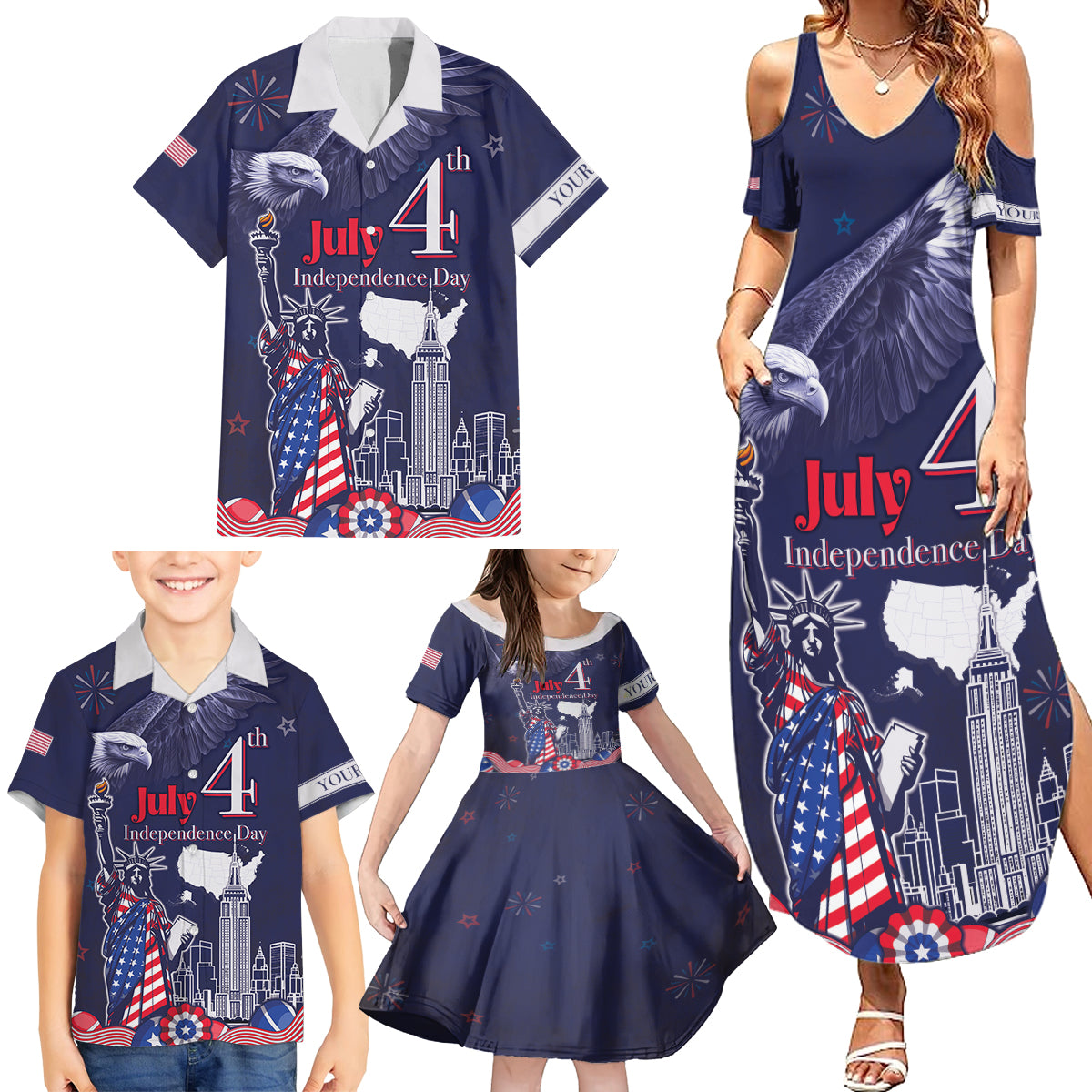 Personalised United States Independence Day Family Matching Summer Maxi Dress and Hawaiian Shirt Freedom 4th Of July Navy Version LT05 - Wonder Print Shop
