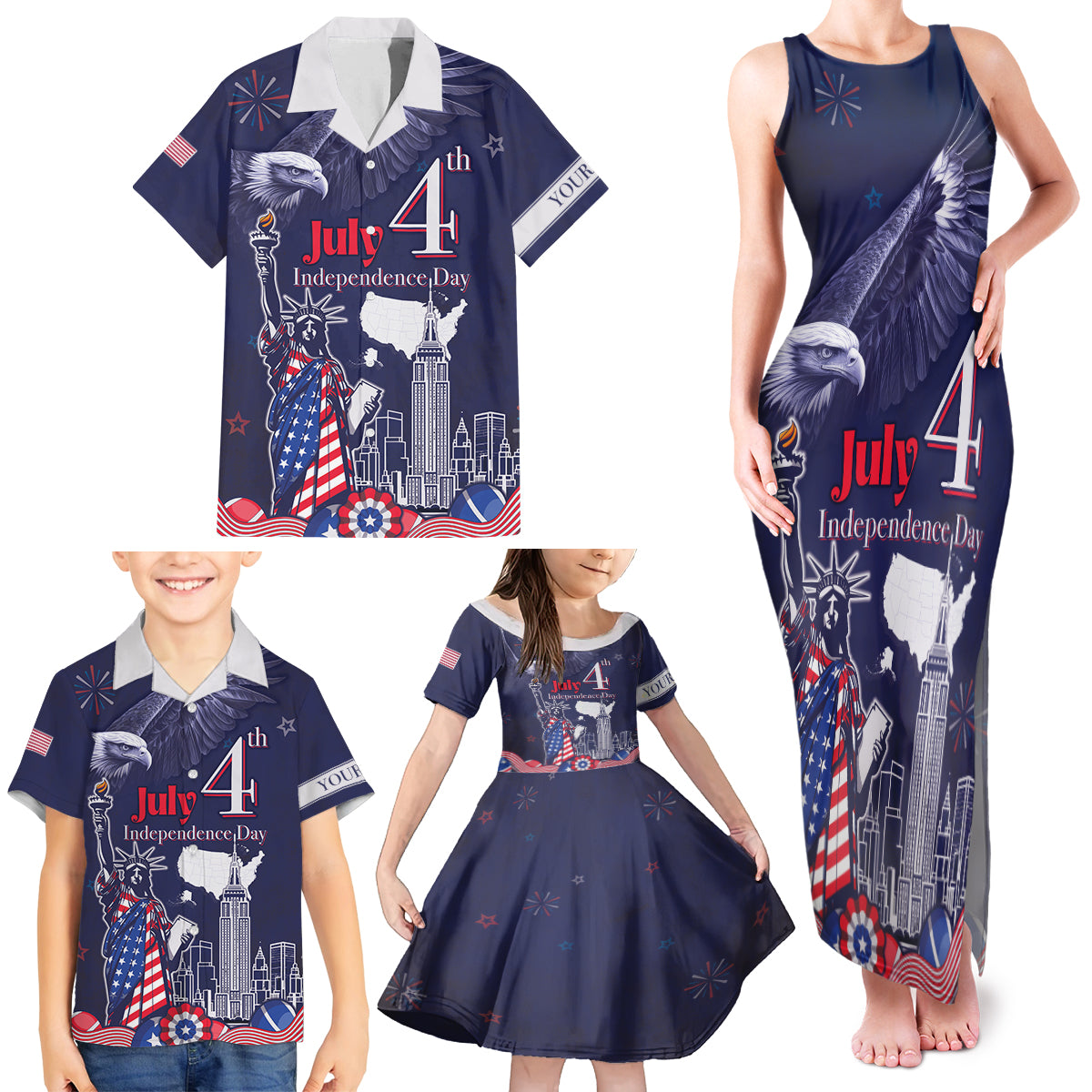 Personalised United States Independence Day Family Matching Tank Maxi Dress and Hawaiian Shirt Freedom 4th Of July Navy Version LT05 - Wonder Print Shop