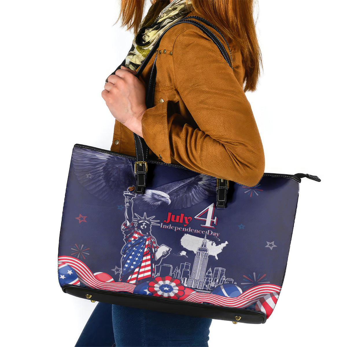 United States Independence Day Leather Tote Bag Freedom 4th Of July Navy Version LT05 - Wonder Print Shop