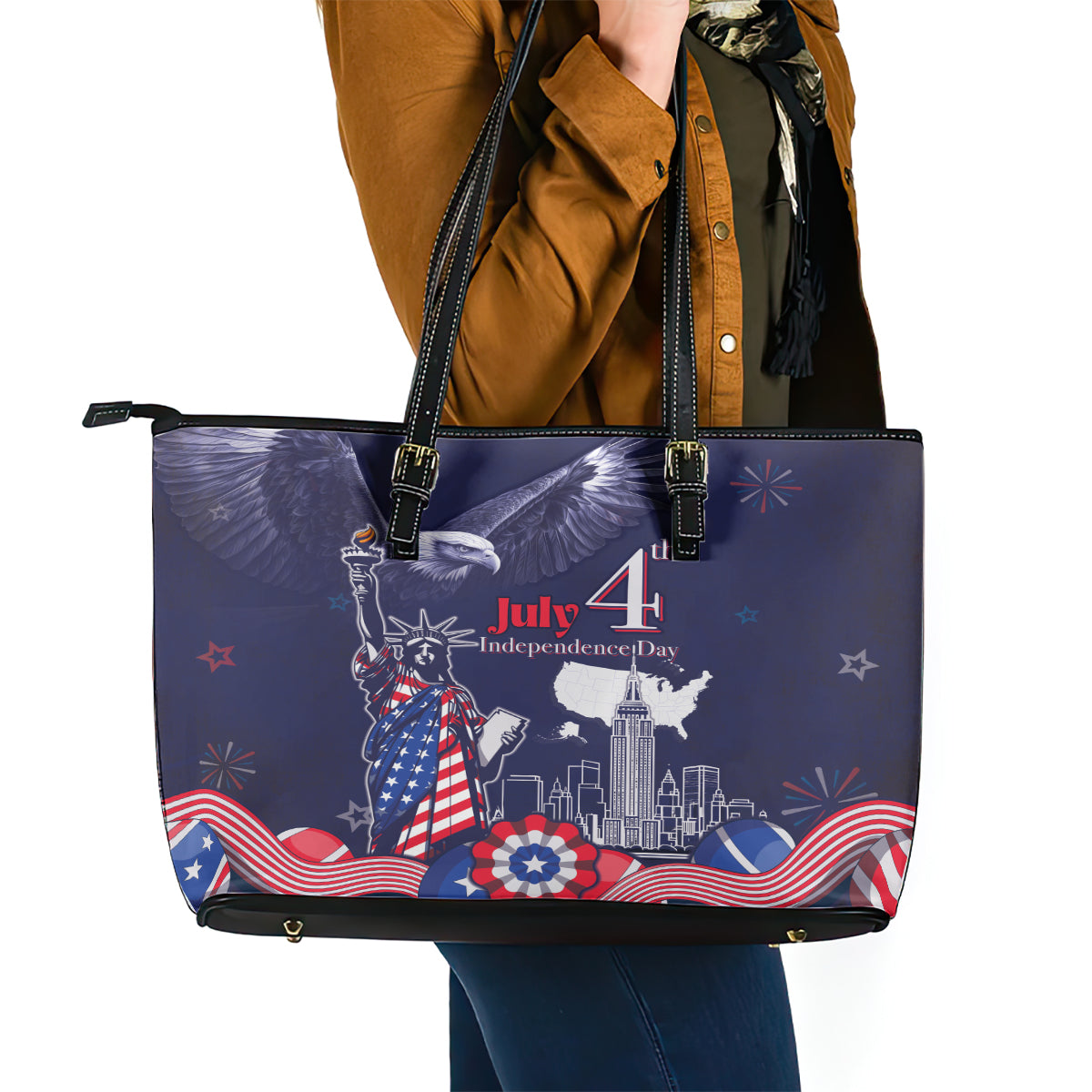 United States Independence Day Leather Tote Bag Freedom 4th Of July Navy Version LT05 - Wonder Print Shop