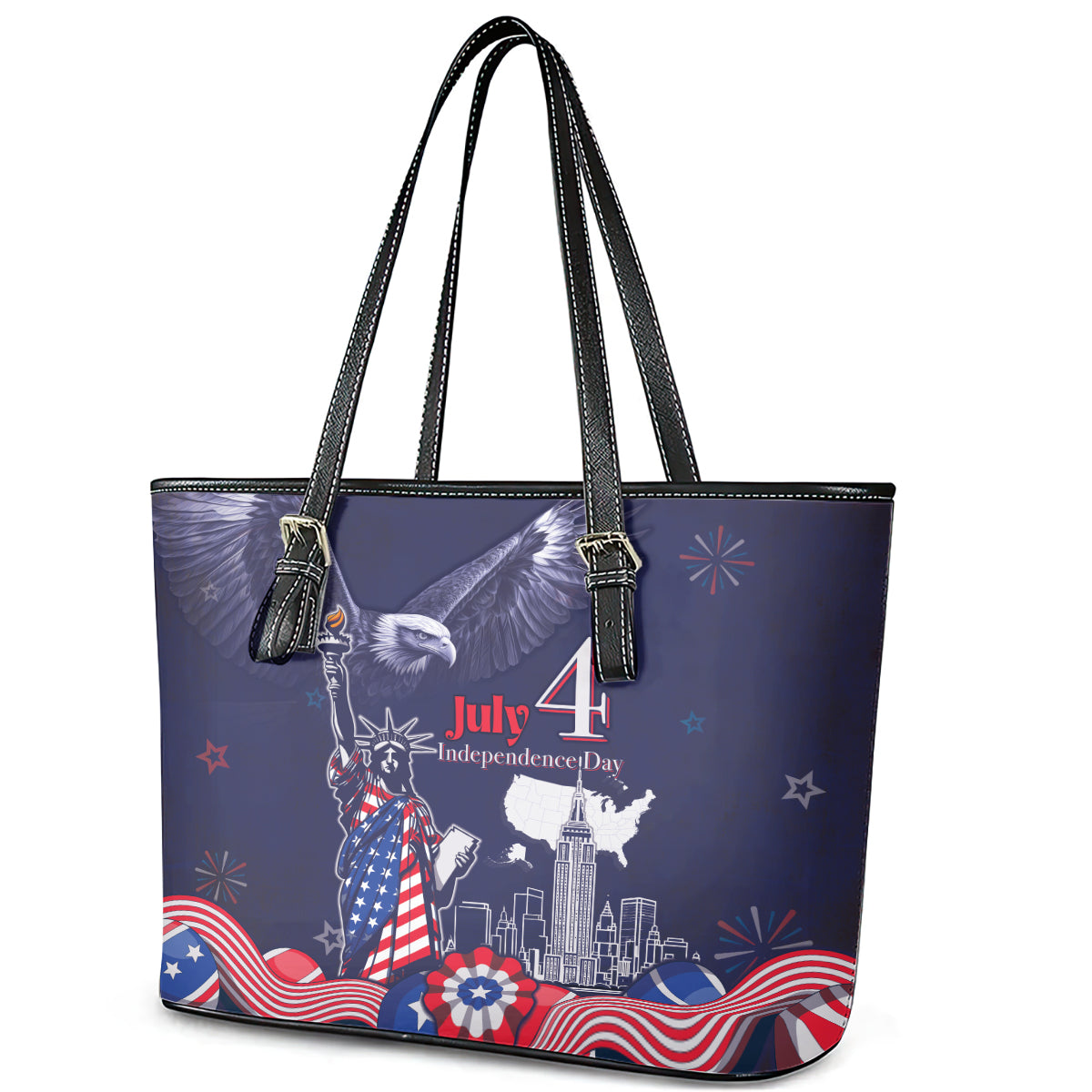United States Independence Day Leather Tote Bag Freedom 4th Of July Navy Version LT05 - Wonder Print Shop