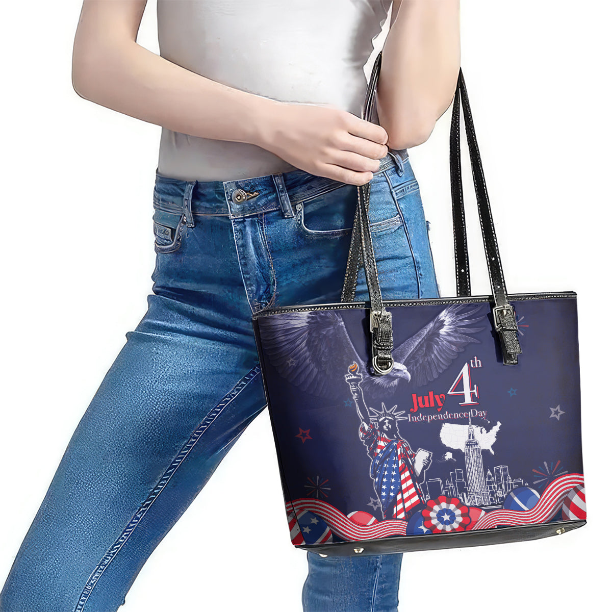 United States Independence Day Leather Tote Bag Freedom 4th Of July Navy Version LT05 - Wonder Print Shop