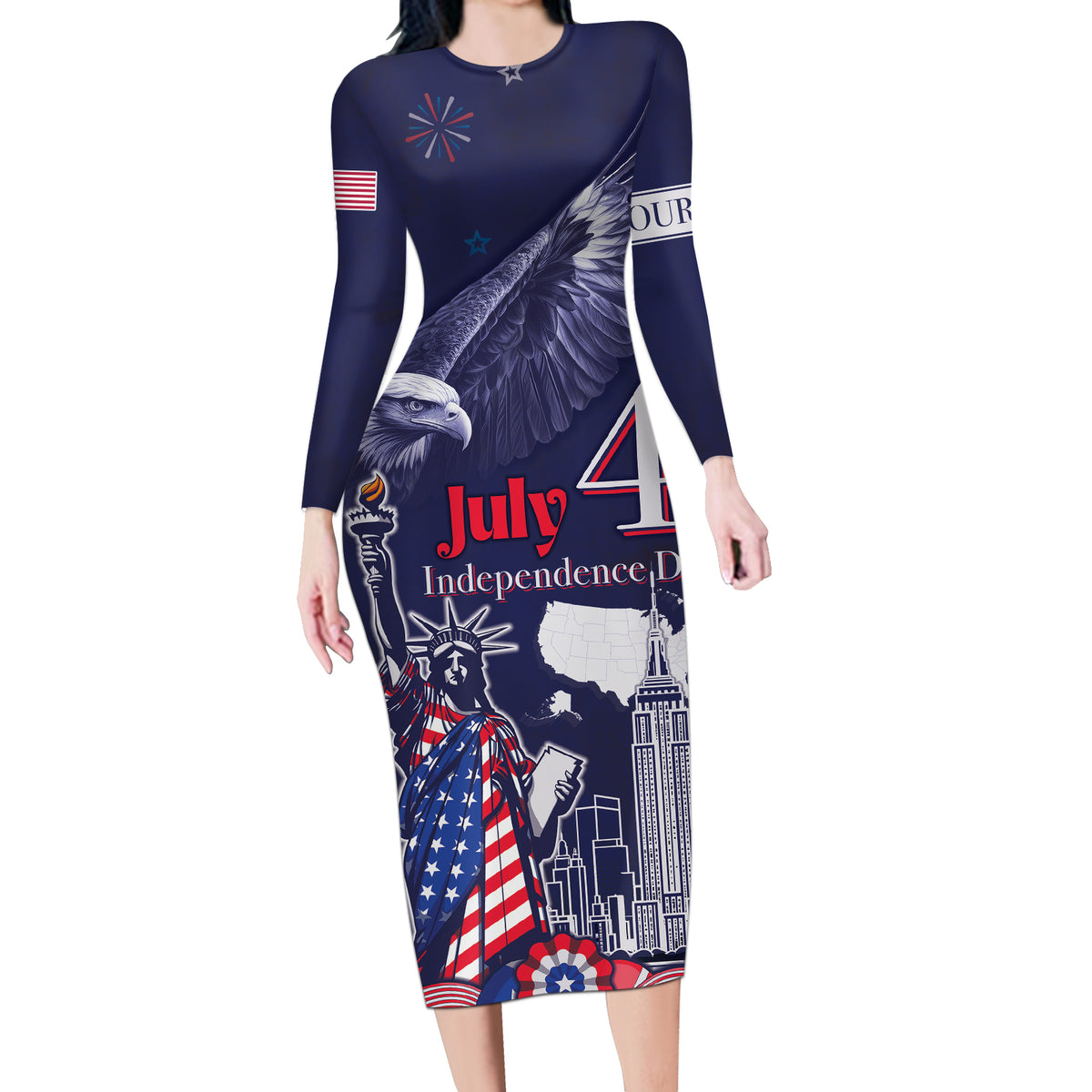 Personalised United States Independence Day Long Sleeve Bodycon Dress Freedom 4th Of July Navy Version LT05 - Wonder Print Shop