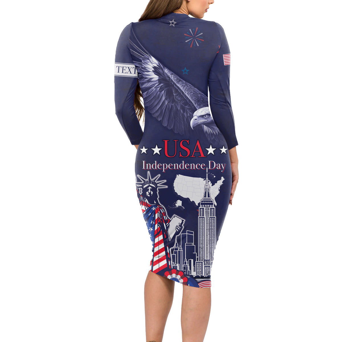 Personalised United States Independence Day Long Sleeve Bodycon Dress Freedom 4th Of July Navy Version LT05 - Wonder Print Shop