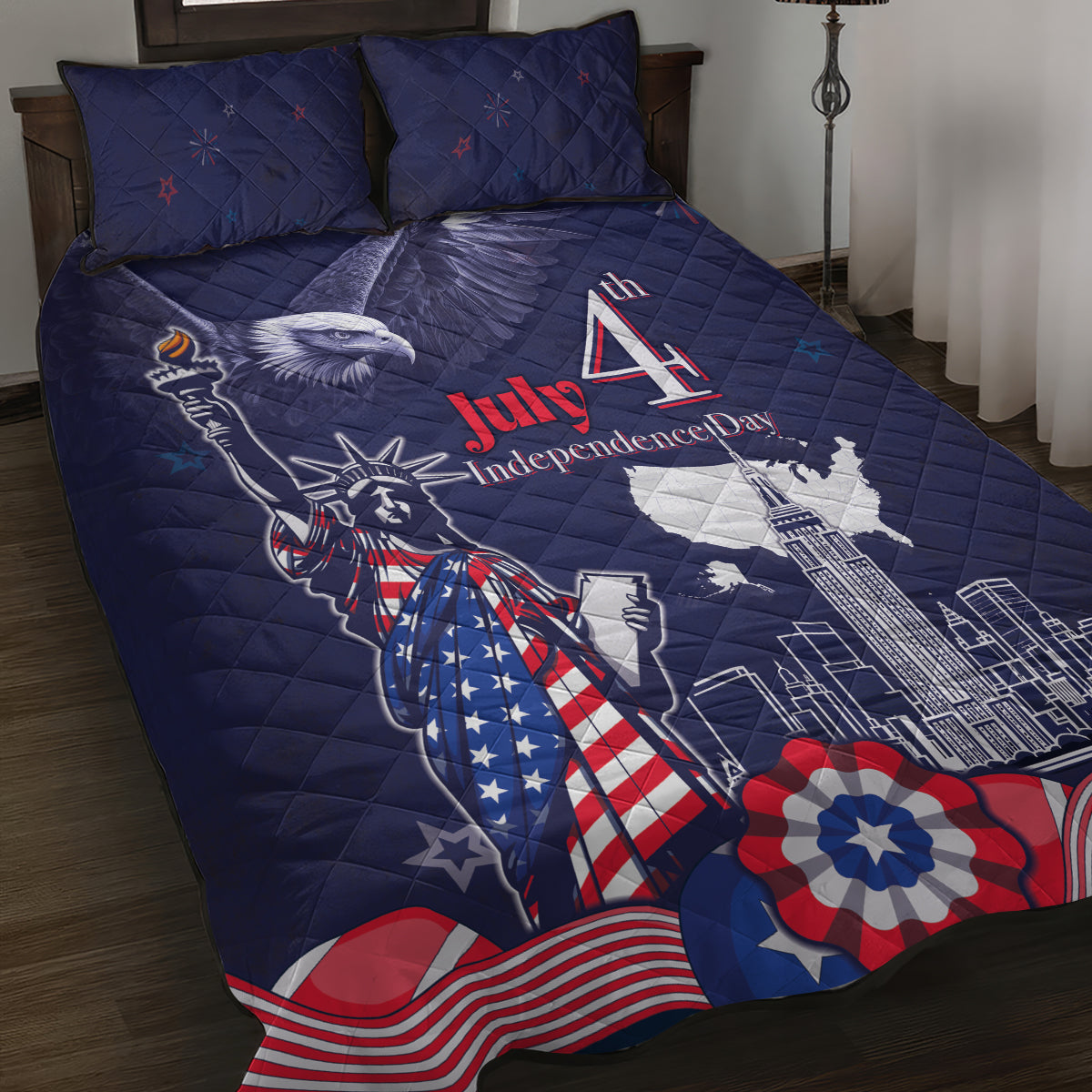 United States Independence Day Quilt Bed Set Freedom 4th Of July Navy Version