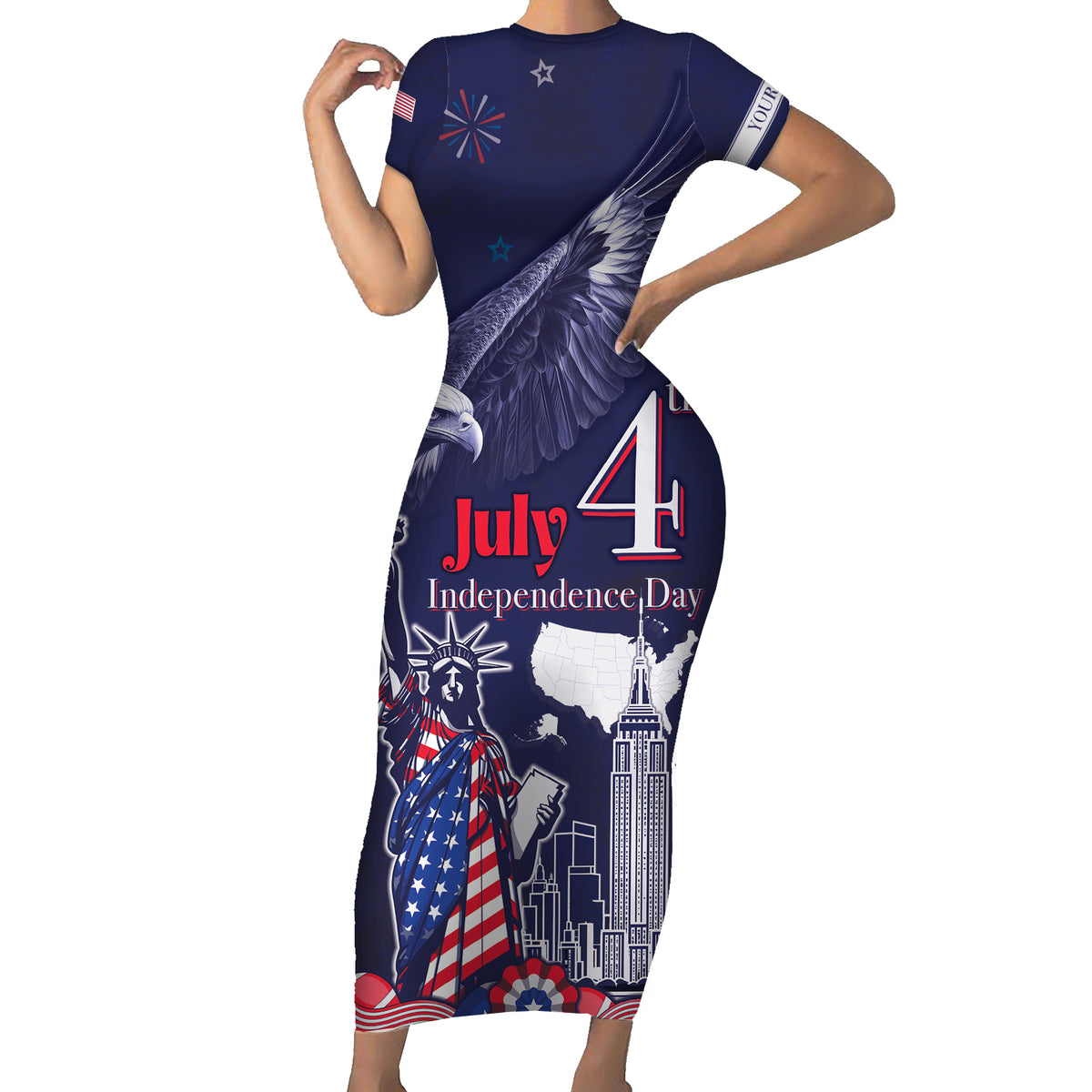 Personalised United States Independence Day Short Sleeve Bodycon Dress Freedom 4th Of July Navy Version LT05 - Wonder Print Shop
