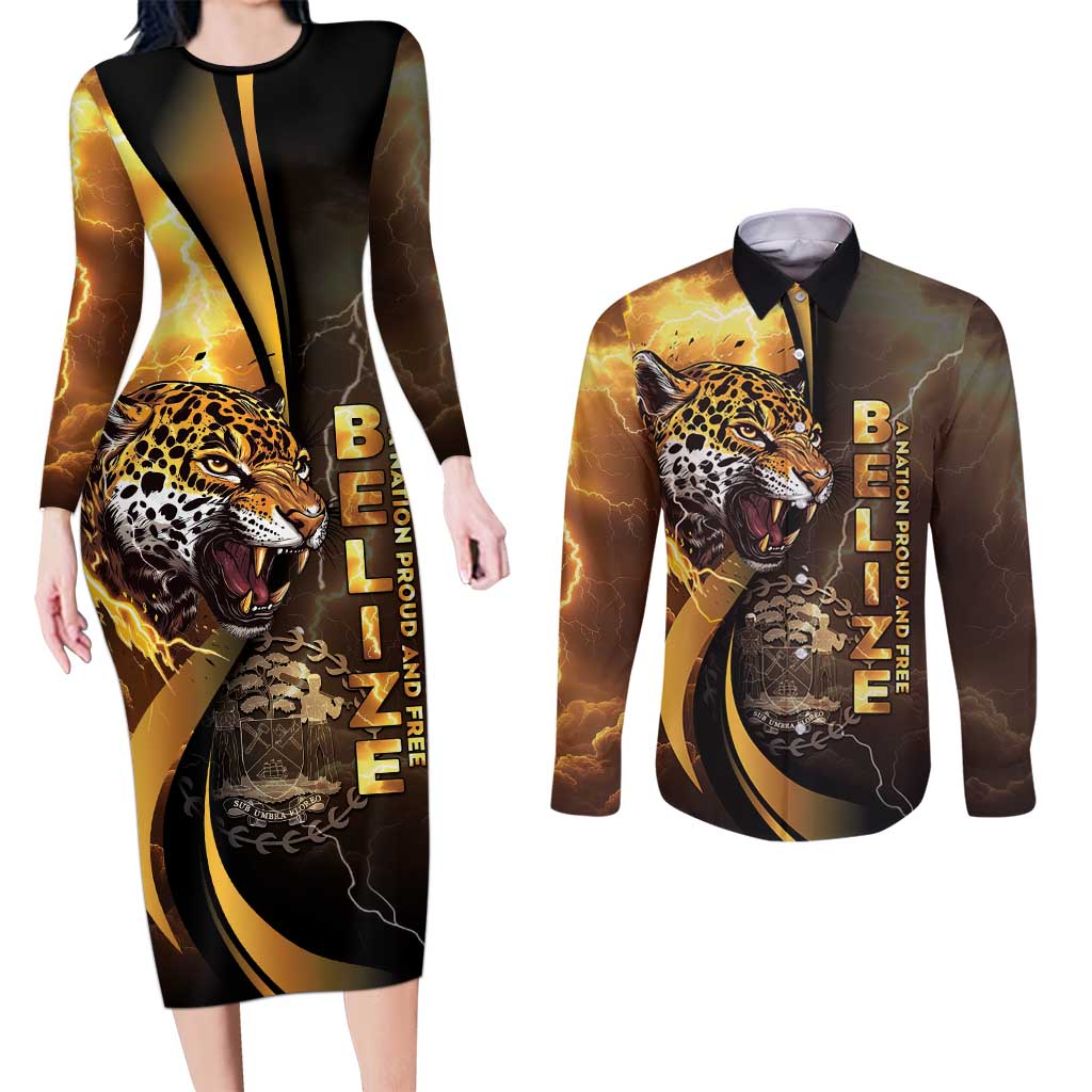 Belize Emancipation Day Couples Matching Long Sleeve Bodycon Dress and Long Sleeve Button Shirt A Nation Proud And Free - Wonder Print Shop