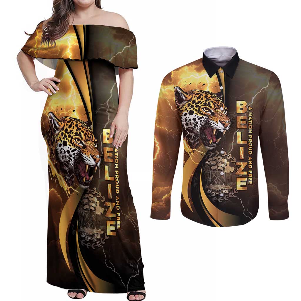 Belize Emancipation Day Couples Matching Off Shoulder Maxi Dress and Long Sleeve Button Shirt A Nation Proud And Free - Wonder Print Shop