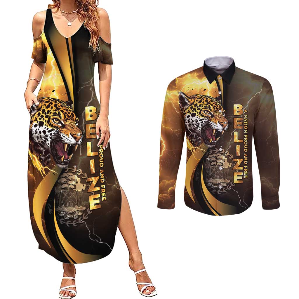 Belize Emancipation Day Couples Matching Summer Maxi Dress and Long Sleeve Button Shirt A Nation Proud And Free - Wonder Print Shop