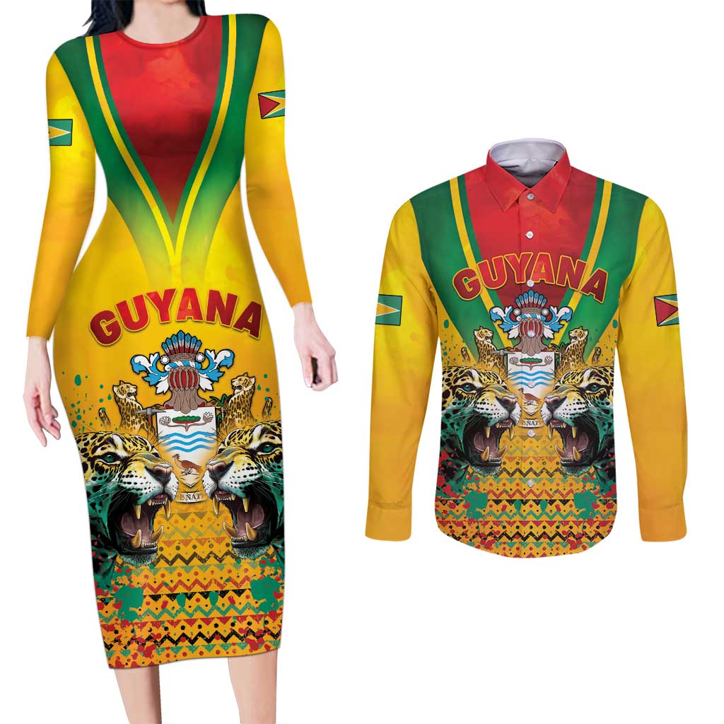 Guyana Emancipation Day Couples Matching Long Sleeve Bodycon Dress and Long Sleeve Button Shirt Guyanese And Pride - Wonder Print Shop