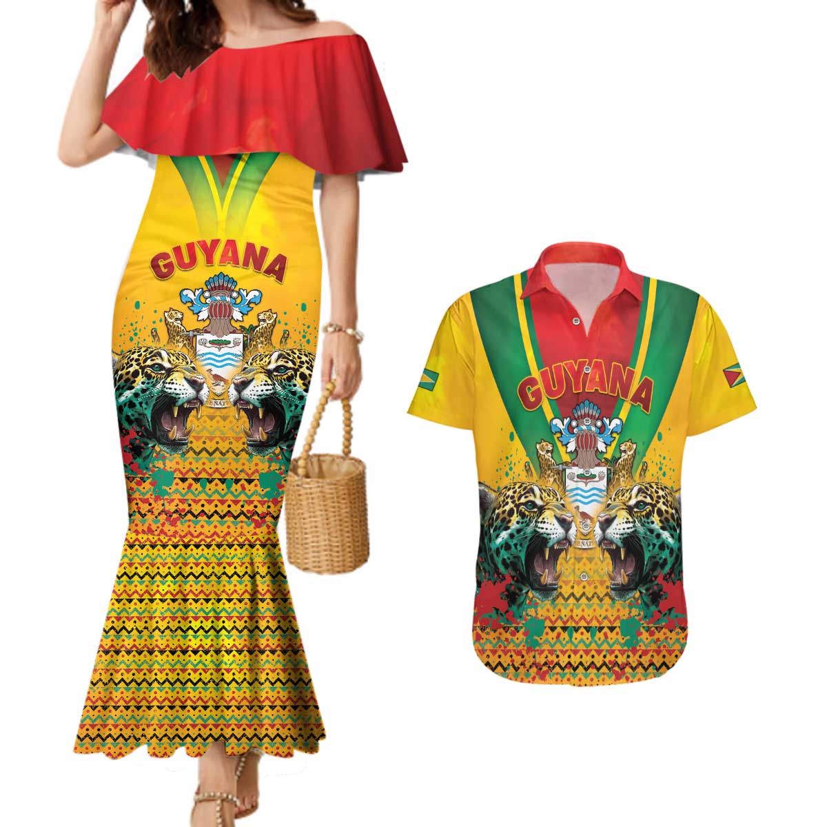 Guyana Emancipation Day Couples Matching Mermaid Dress and Hawaiian Shirt Guyanese And Pride - Wonder Print Shop