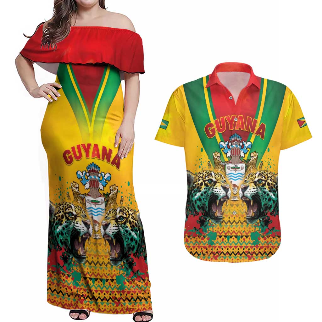Guyana Emancipation Day Couples Matching Off Shoulder Maxi Dress and Hawaiian Shirt Guyanese And Pride - Wonder Print Shop