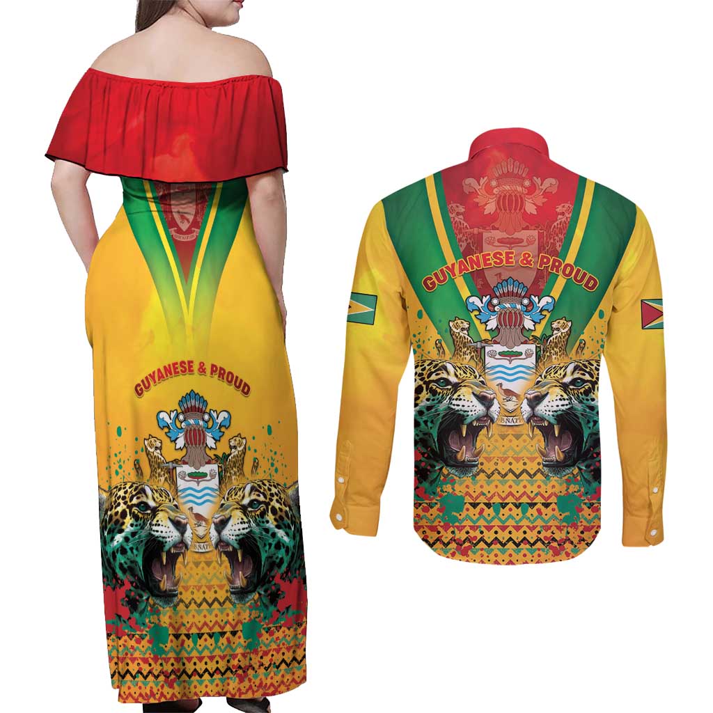 Guyana Emancipation Day Couples Matching Off Shoulder Maxi Dress and Long Sleeve Button Shirt Guyanese And Pride - Wonder Print Shop