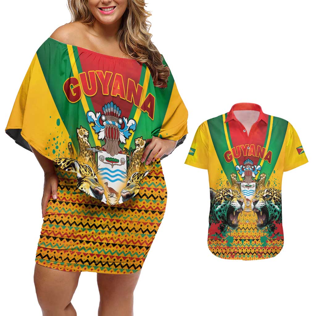 Guyana Emancipation Day Couples Matching Off Shoulder Short Dress and Hawaiian Shirt Guyanese And Pride - Wonder Print Shop
