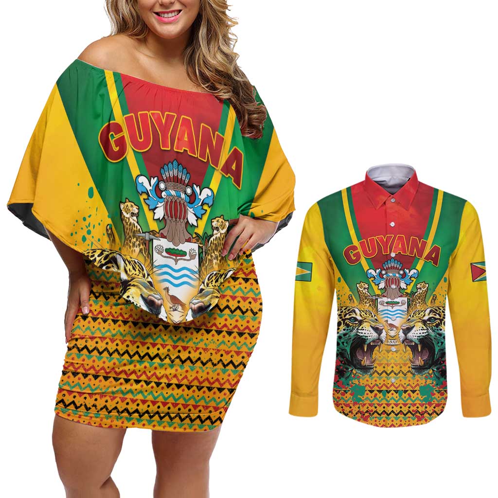 Guyana Emancipation Day Couples Matching Off Shoulder Short Dress and Long Sleeve Button Shirt Guyanese And Pride - Wonder Print Shop