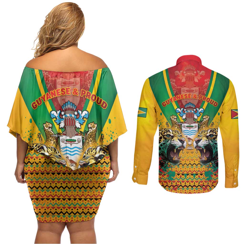 Guyana Emancipation Day Couples Matching Off Shoulder Short Dress and Long Sleeve Button Shirt Guyanese And Pride - Wonder Print Shop