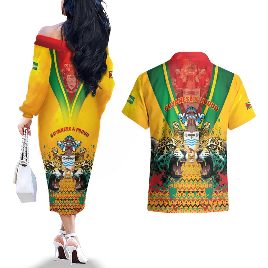 Guyana Emancipation Day Couples Matching Off The Shoulder Long Sleeve Dress and Hawaiian Shirt Guyanese And Pride - Wonder Print Shop