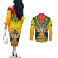 Guyana Emancipation Day Couples Matching Off The Shoulder Long Sleeve Dress and Long Sleeve Button Shirt Guyanese And Pride - Wonder Print Shop