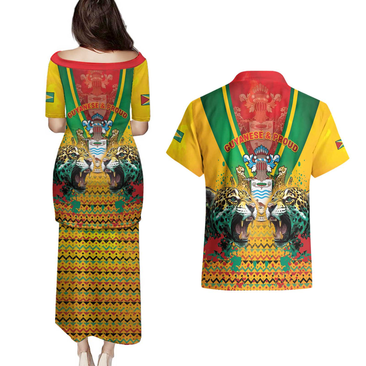 Guyana Emancipation Day Couples Matching Puletasi and Hawaiian Shirt Guyanese And Pride - Wonder Print Shop