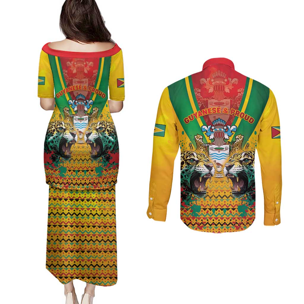 Guyana Emancipation Day Couples Matching Puletasi and Long Sleeve Button Shirt Guyanese And Pride - Wonder Print Shop