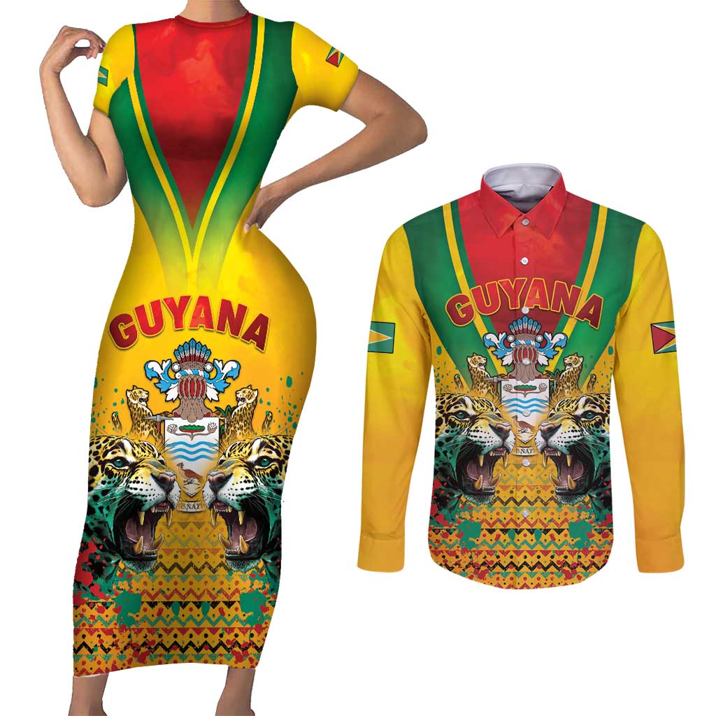 Guyana Emancipation Day Couples Matching Short Sleeve Bodycon Dress and Long Sleeve Button Shirt Guyanese And Pride - Wonder Print Shop