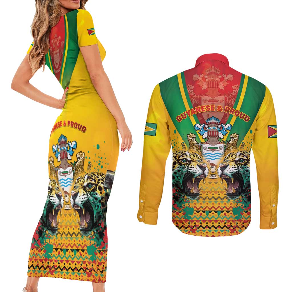 Guyana Emancipation Day Couples Matching Short Sleeve Bodycon Dress and Long Sleeve Button Shirt Guyanese And Pride - Wonder Print Shop