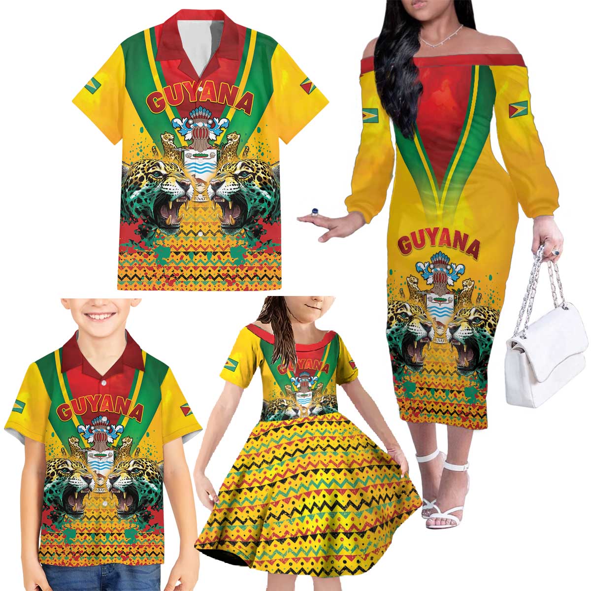 Guyana Emancipation Day Family Matching Off The Shoulder Long Sleeve Dress and Hawaiian Shirt Guyanese And Pride - Wonder Print Shop