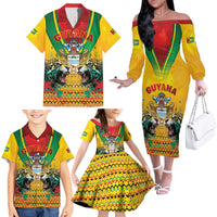 Guyana Emancipation Day Family Matching Off The Shoulder Long Sleeve Dress and Hawaiian Shirt Guyanese And Pride - Wonder Print Shop