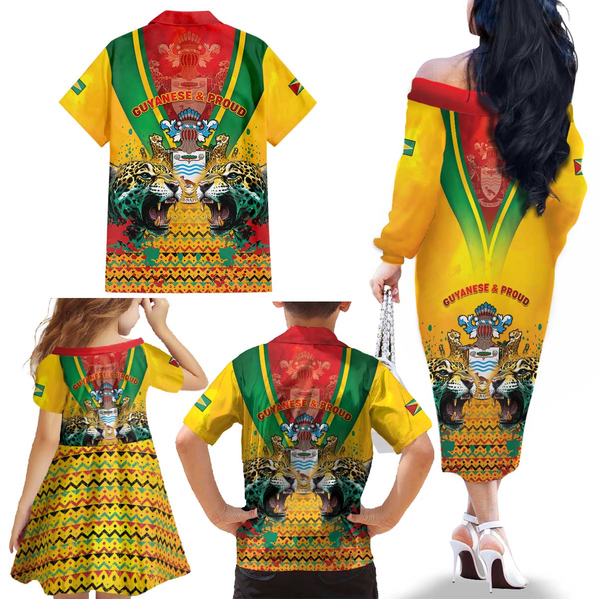 Guyana Emancipation Day Family Matching Off The Shoulder Long Sleeve Dress and Hawaiian Shirt Guyanese And Pride - Wonder Print Shop