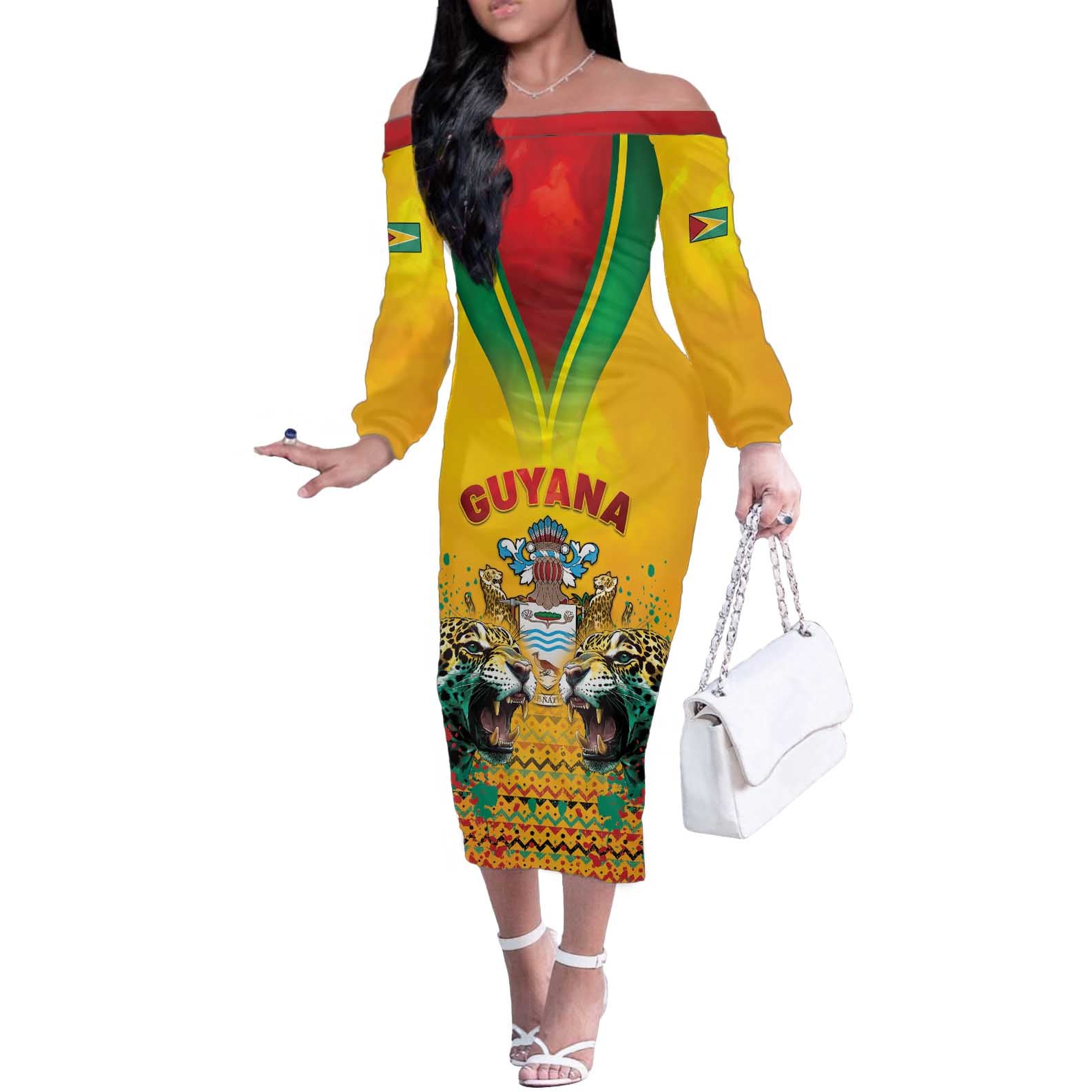 Guyana Emancipation Day Off The Shoulder Long Sleeve Dress Guyanese And Pride - Wonder Print Shop