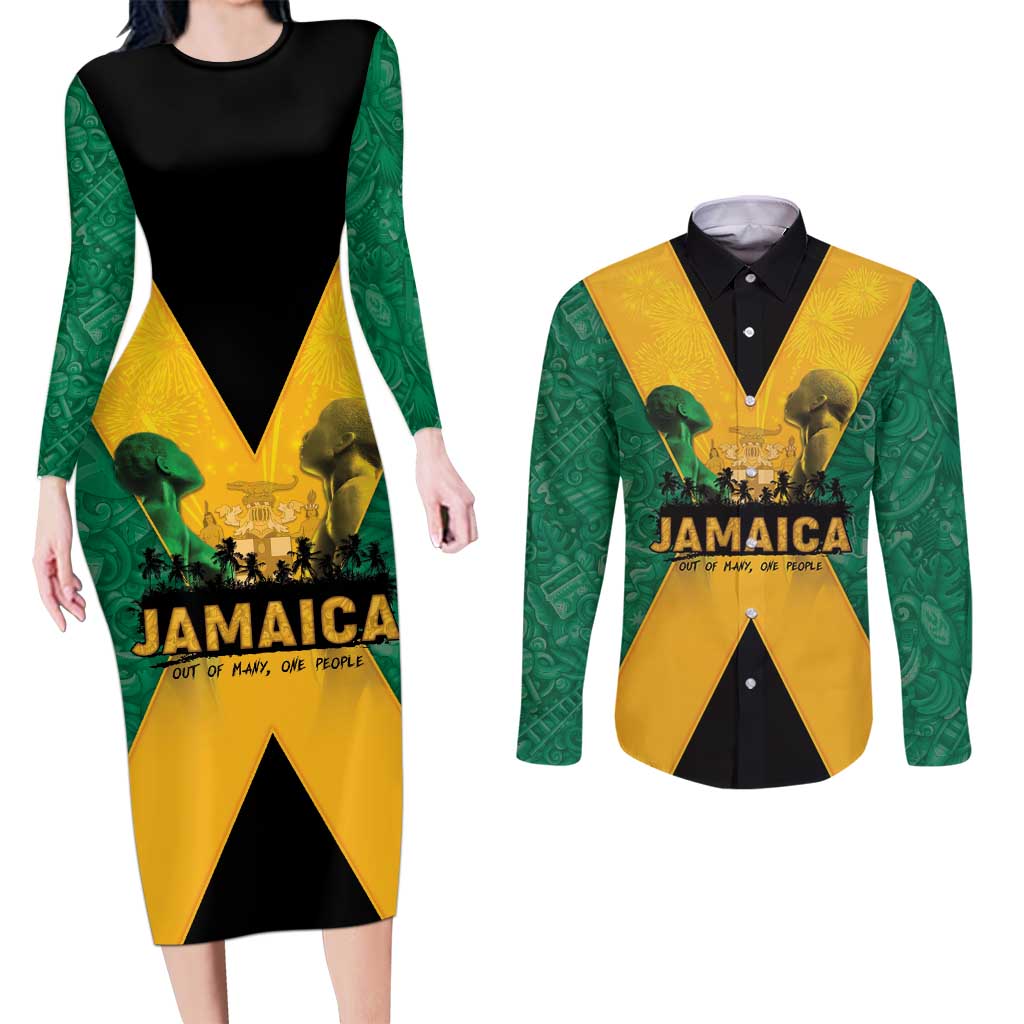 Jamaica Emancipation Day Couples Matching Long Sleeve Bodycon Dress and Long Sleeve Button Shirt Wi Likkle But Wi Tallawah - Wonder Print Shop