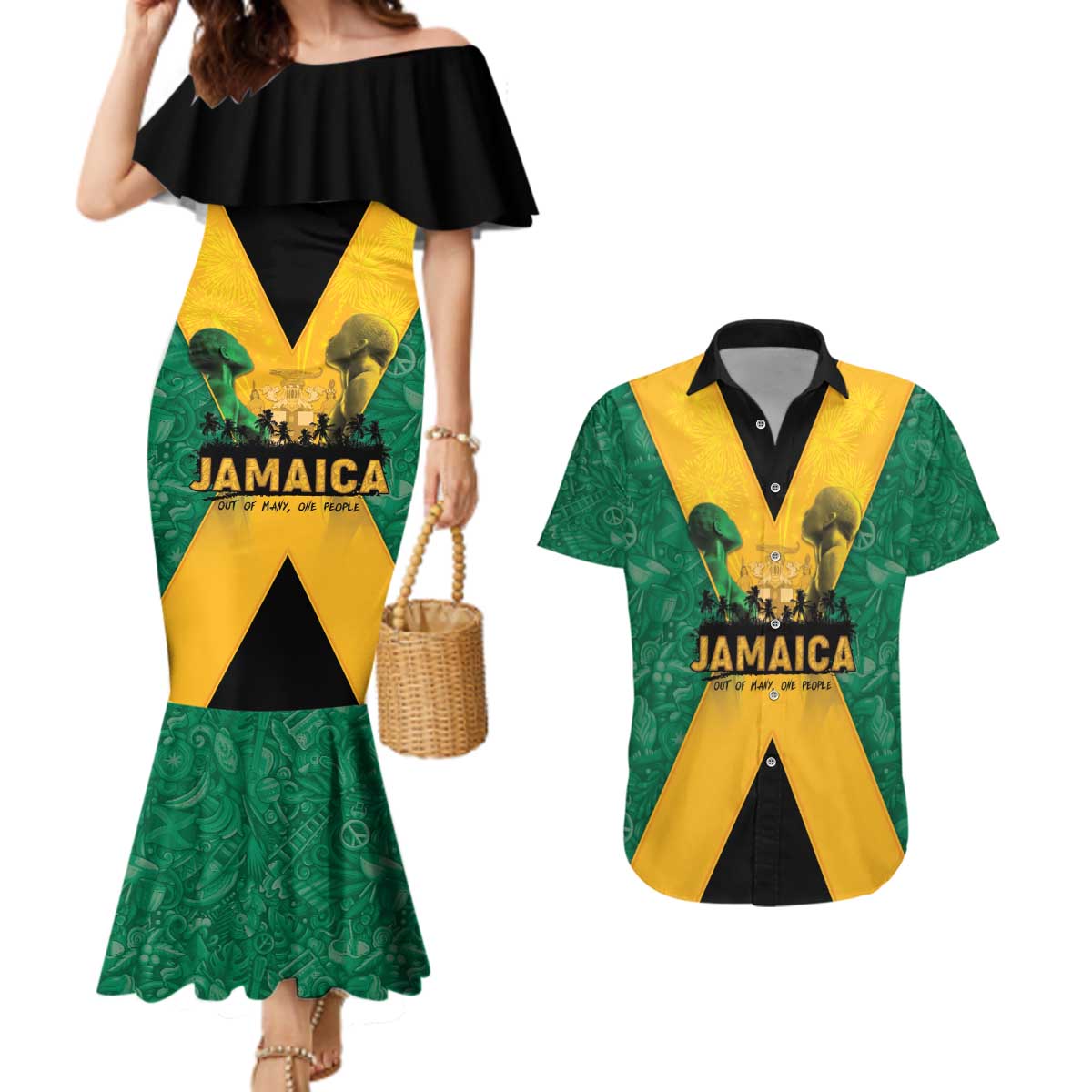 Jamaica Emancipation Day Couples Matching Mermaid Dress and Hawaiian Shirt Wi Likkle But Wi Tallawah - Wonder Print Shop