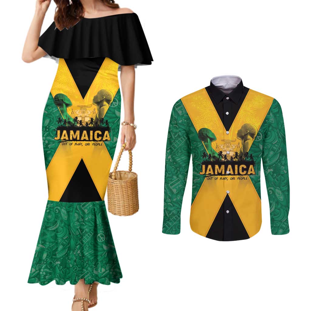 Jamaica Emancipation Day Couples Matching Mermaid Dress and Long Sleeve Button Shirt Wi Likkle But Wi Tallawah - Wonder Print Shop