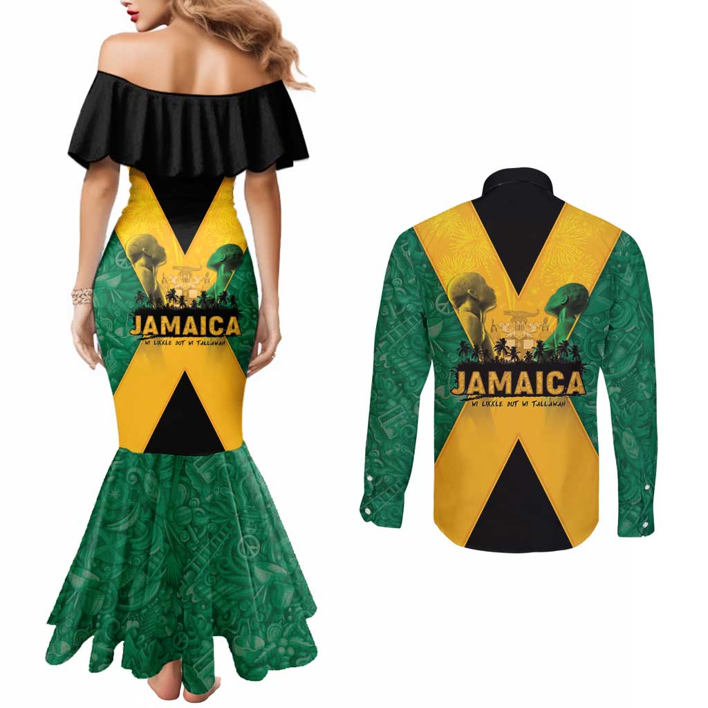 Jamaica Emancipation Day Couples Matching Mermaid Dress and Long Sleeve Button Shirt Wi Likkle But Wi Tallawah - Wonder Print Shop