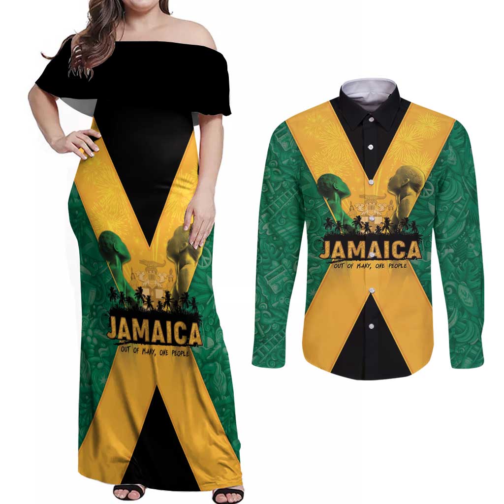 Jamaica Emancipation Day Couples Matching Off Shoulder Maxi Dress and Long Sleeve Button Shirt Wi Likkle But Wi Tallawah - Wonder Print Shop