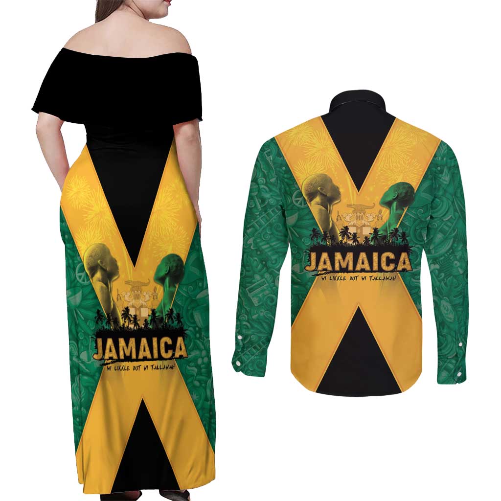 Jamaica Emancipation Day Couples Matching Off Shoulder Maxi Dress and Long Sleeve Button Shirt Wi Likkle But Wi Tallawah - Wonder Print Shop